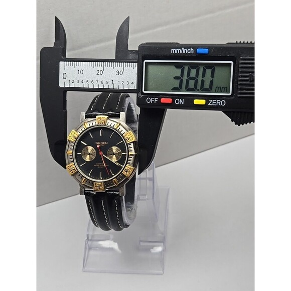 Gruen Sport 3ATM Quartz Black Dial Gold Tone Bezel Two Subdial Watch New Battery - Picture 6 of 11